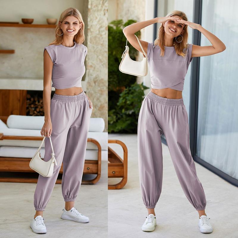 UANEO Women's Two-Piece Casual Suit Short Top With Sports Pants Sportswear With Pockets Lady Comfort Minimalist