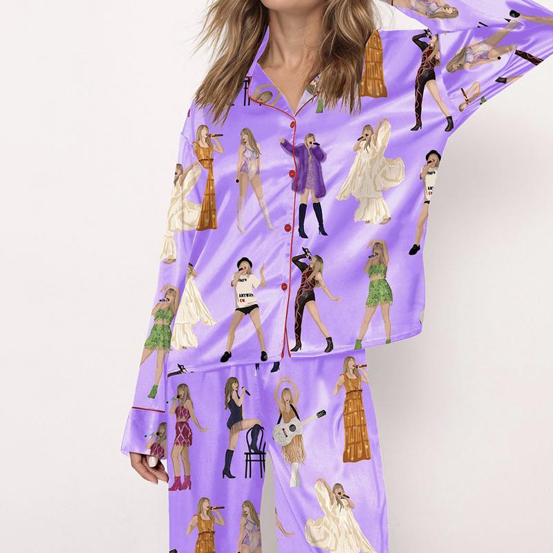 The Eras Tour Film Pajama Set For Women Print Comfy Satin Sleepwear & Loungewear Pjs Printing Silky Top & Bottoms - SHESHOW