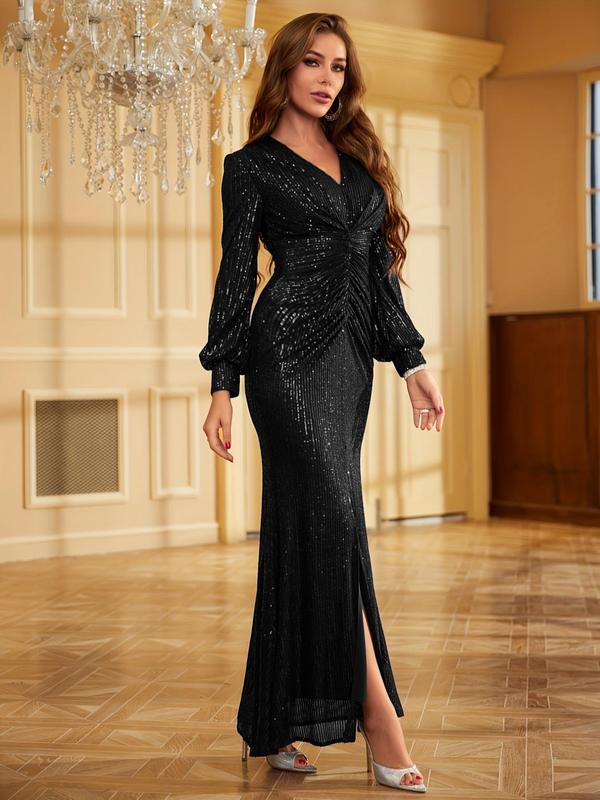 Women's Glitter Sequin V Neck Split Thigh Evening Dress, Elegant Bishop Sleeve Bodycon Dress for Evening Party Gown, Ladies' Clothes for All Seasons