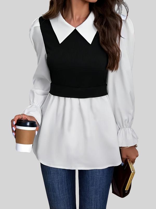 Women's Colorblock 2-in-1 Flounce Sleeve Peplum Hem Blouse, Casual Long Sleeve Collar Top for Daily Wear,  Going Out Tops, Ladies Clothes for All Seasons