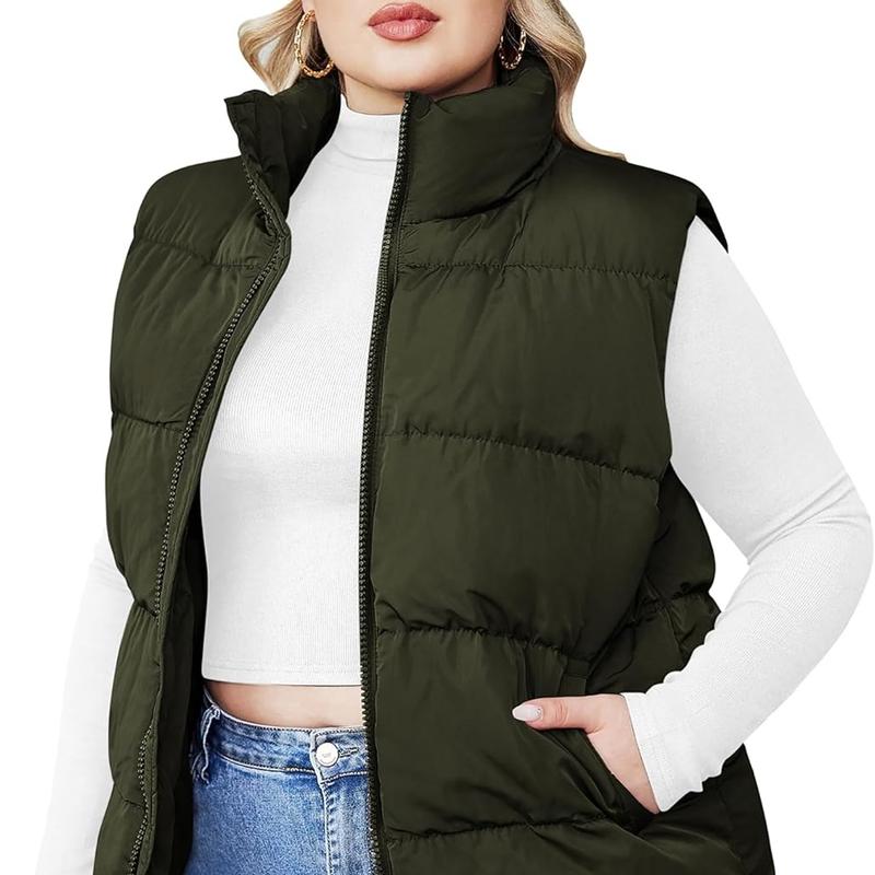 Holiday Haul IN'VOLAND Women's Plus Size Zip Up Puffer Vest Stand Collar Outerwear Sleeveless Padded Jacket Coat with Pockets Womenswear Fabric Adjustable Bodycon Cute Denim Dress