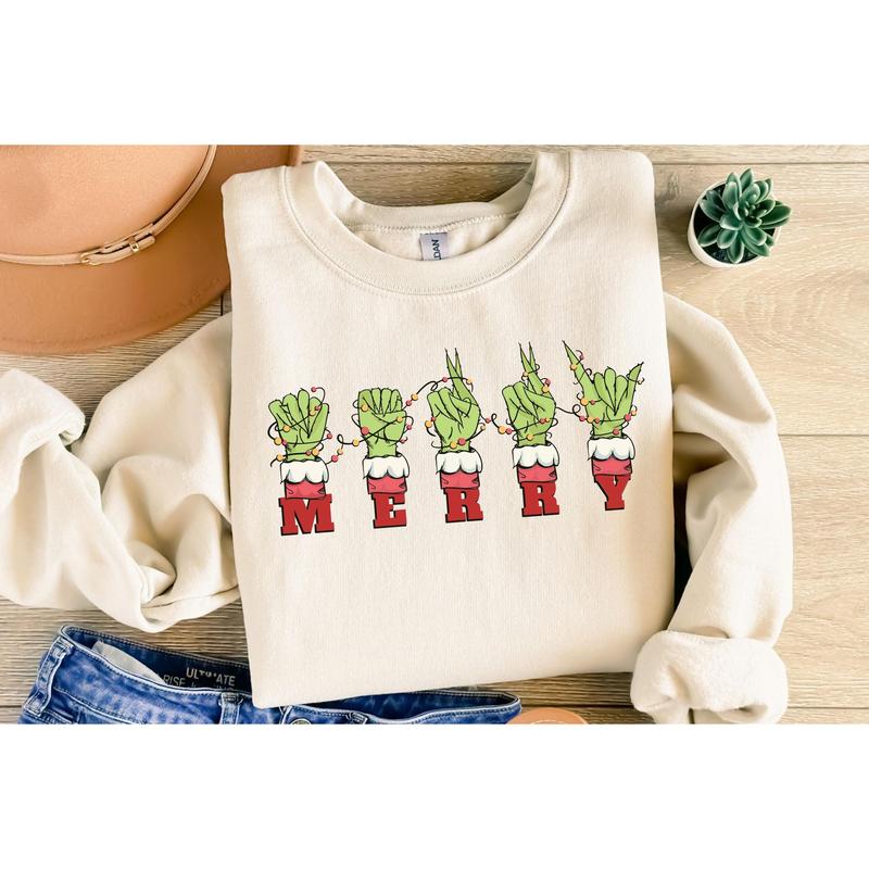 Green Hand Asl Merry Christmas Sign Language Shirt Green Face Shirt Funny Christmas Sweatshirt Family Christmas Party Tee Best Gift