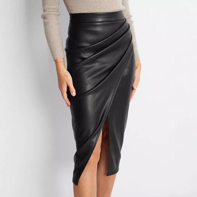 Women's Pu Split Skirt Autumn and Winter High Waist Zipper Heap Pleated Leather Skirt European and American Sexy Hip Skirt