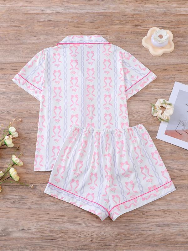 Two-Piece Set Women's Bow Print Short Sleeve Tee & Elastic Waist Shorts Pyjama, Casual Comfy Round Neck T-shirt & Shorts PJ Set, Ladies Summer Sleepwear