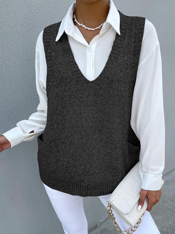 Women's Solid V Neck Sweater Vest, Casual Sleeveless Knit Top for Spring & Fall, Fashion Women's Knitwear for Daily Wear