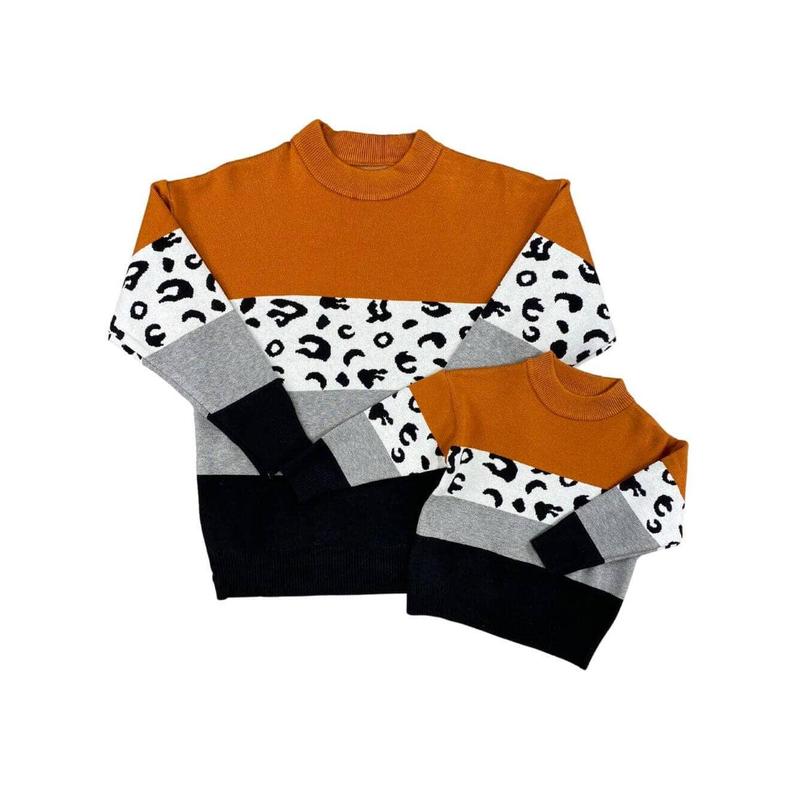 Mom and Me - Matching Rust & Black Cheetah Color Block Long Sleeve Fall Sweater for Mother Daughter