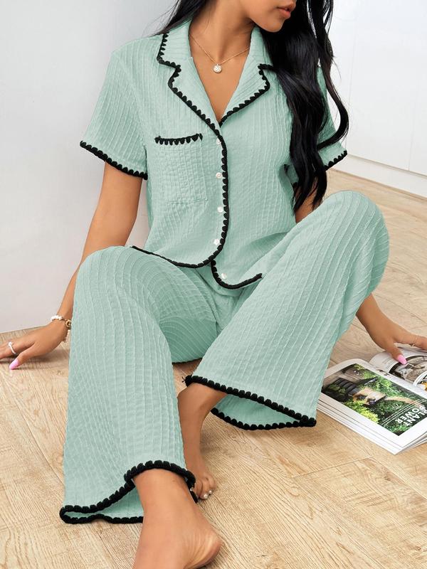 Two-Piece Set Women's Contrast Binding Lapel Neck Short Sleeve Blouse & Pants Pyjama Loungewear Set, Summer Clothes Women, Button Front Pocket Top & Wide Leg Pants Pj Set, Summer Wear 2024, Casual Comfy Sleepwear Homewear Set