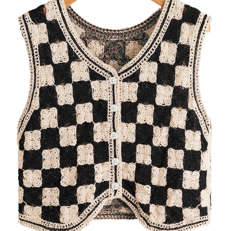 Button Front V Neck Sleeveless Crochet Plaid Checkered Knit Sweater VestY2K