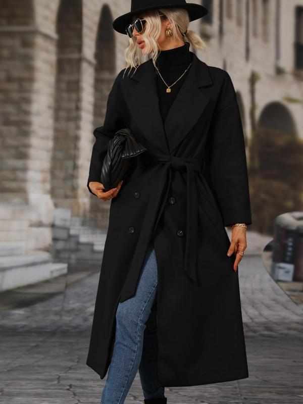 Women's Solid Double Button Belted Coat, Casual Long Sleeve Lapel Neck Pocket Coat for Fall & Winter, Women's Outwear Clothing for Daily