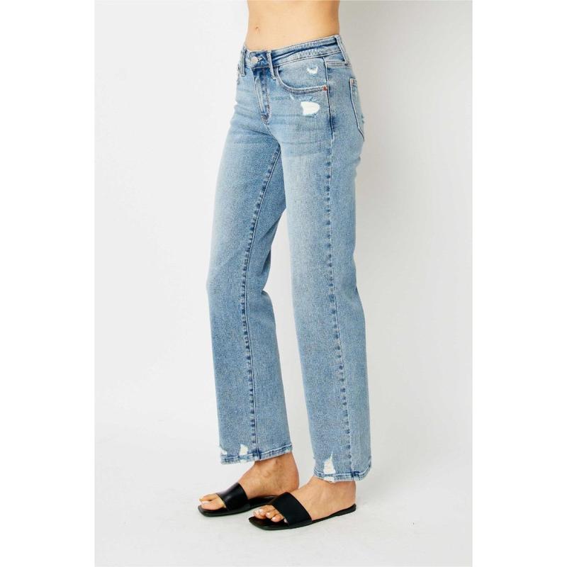 JUDY BLUE MID RISE MEDIUM WASH DESTROY STRAIGHT JEANS