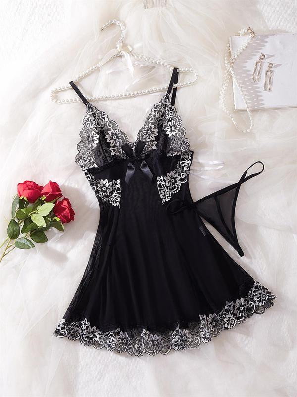 Plus Size Contrast Floral Lace Bow Decor Cami Nightdress & Sheer Thong Sexy Lingerie Two-piece Set, Adjustable Strap Nighty Dress & Panty Set, Women's Sleepwear Set for All Seasons