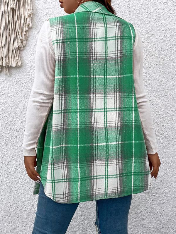  Plaid Print Button Front Pocket Vest Coat, Casual Sleeveless Collared Outerwear for Daily Wear, Winter Clothes Women, Women's Clothing for All Seasons