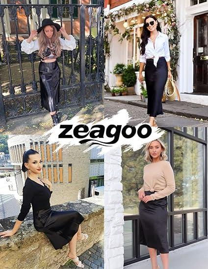 ZEAGOO Womens Satin Skirts Casual Silk Midi Skirt High Waisted Long Skirts Zipper Elegant Work Skirts Womenswear Bottom