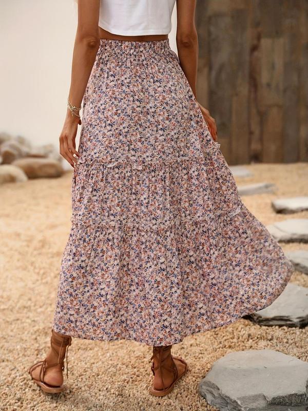 Women's Ditsy Floral Print Frill Trim Ruffle Hem Vintage A Line Skirt, Boho Fashion High Waist Long Skirt for Daily Holiday Vacation Wear, Skirts for Women, Ladies Bottoms for All Seasons