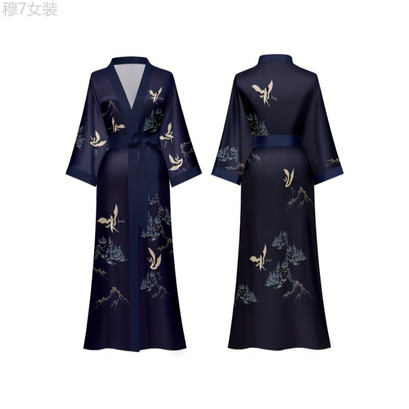 Plus Size Elegant Long Robe - Soft Graphic Print, Long Sleeve, Slight Stretch, One-Size Fits Most, Comfortable, Luxurious, Ramadan-Inspired Design, Women's Bathrobe for Relaxation Womenswear Collar Dress Loungewear Gowns Nightwear bridal robes Fabric