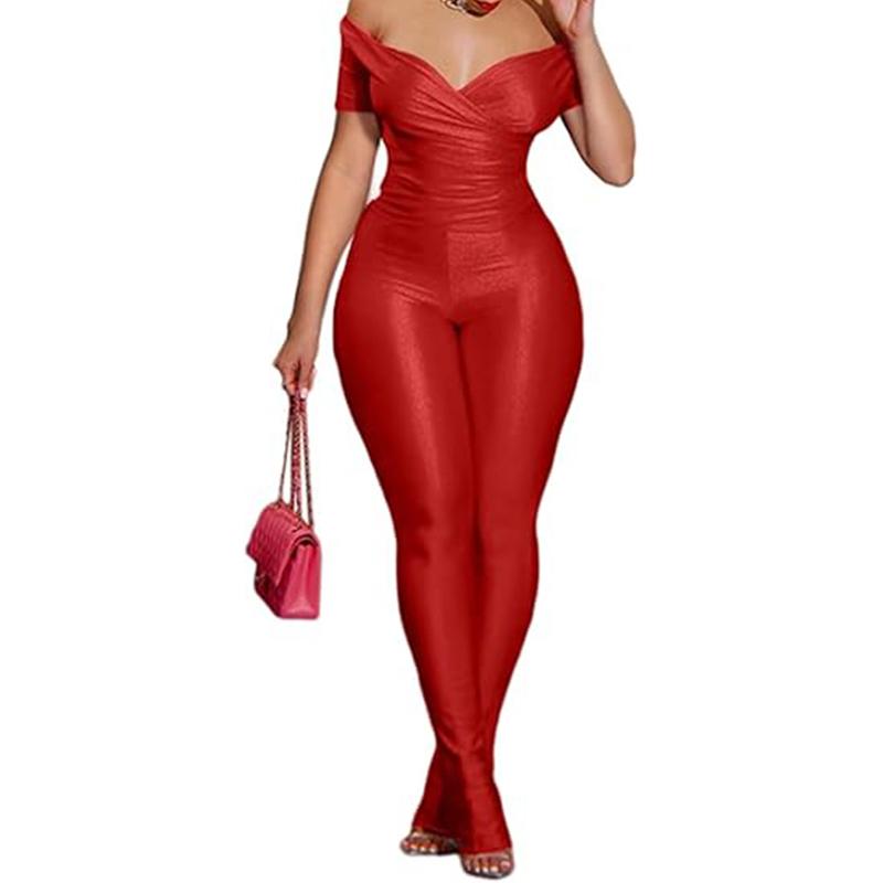 2 Piece Outfits for Women Sexy Off Shoulder Tops Bodycon Flared Pant Sets Club Outfits Tracksuit Womenswear Overalls Womenswear Overalls