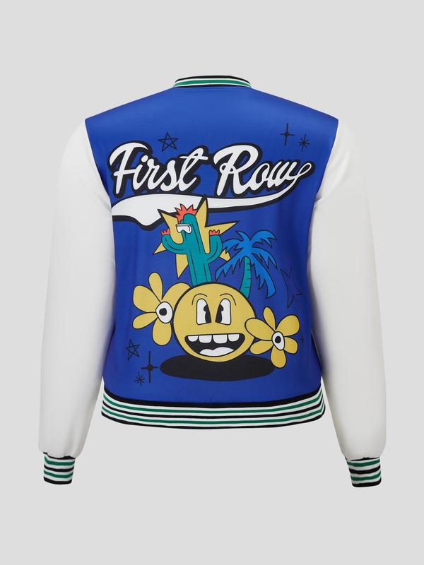  Plus Size Colorblock Letter & Cartoon Print Varsity Sports Jacket, Casual Button Front Long Sleeve Bomber Jacket, Summer Outfits 2024, Women's Clothing, Downtown Girl Clothes