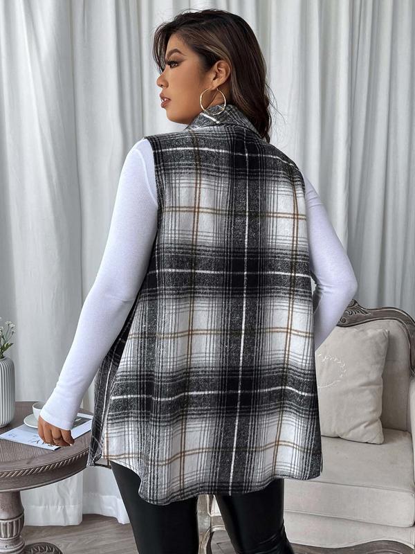  Plaid Print Button Front Pocket Vest Coat, Casual Sleeveless Collared Outerwear for Daily Wear, Winter Clothes Women, Women's Clothing for All Seasons