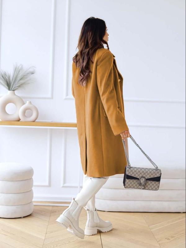 Women's Solid Double Button Pocket Overcoat, Casual Long Sleeve Lapel Neckline Coat for Fall & Winter, Lady Comfort Clothing for Daily Womenwear