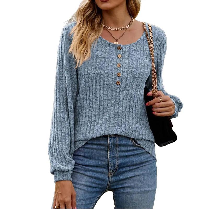 Women Fall Winter Casual Round Neck Long Sleeve Button Brushed Pullover