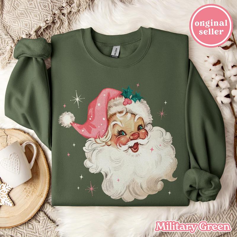 Pink Santa Christmas Sweatshirt Gift for Her, Pink Christmas PJs Matching Family Pajamas Retro Christmas Shirt Vintage Holiday Sweater