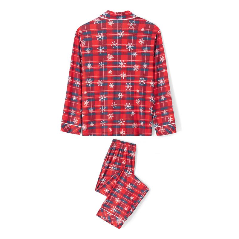 Red Matching Christmas Pajamas For Family Snowflake Plaid Print Long Sleeve Button Tops and Casual Pants Sleepwear