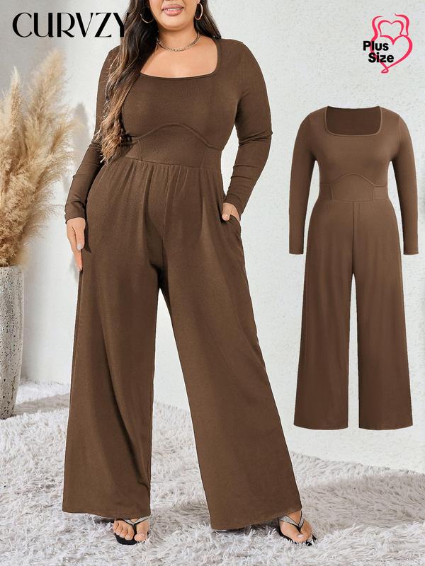 CURVZY Christmas Deals, Plus Size Solid Pocket Wide Leg Jumpsuit, Casual Long Sleeve Scoop Neck Jumpsuit for Daily Wear, Women's Clothing for All Seasons, Christmas 2024 Trend, Fall & Winter Clothes