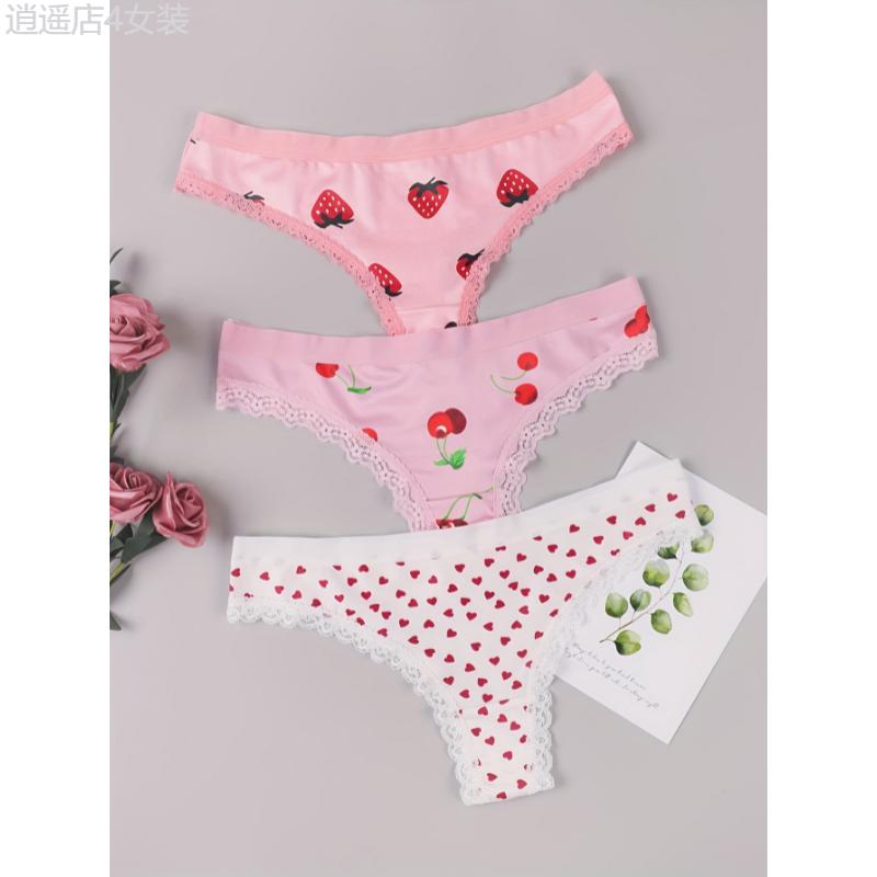 3pcs Cute Heart & Fruit Print Thongs, Lace Trim Comfy Intimates Panties for Women Fabric Panty