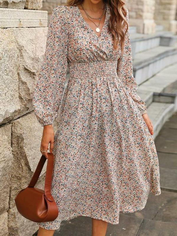 Women's Ditsy Floral Print Shirred A-line Dress, Elegant Bishop Sleeve V Neck Midi Dress for Spring & Fall, Women's Clothing for Daily Wear