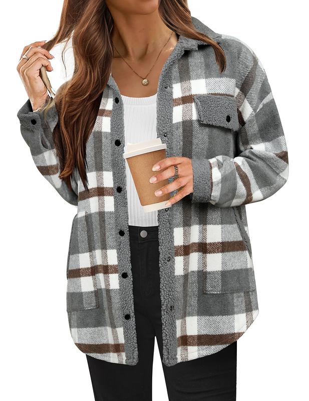 HOTOUCH Women's Plaid Printed Button Front Jacket,Fall and Winter Long Sleeve Pocket Jacket,Women's Everyday Jacket Comfort Womenswear Basic Coat