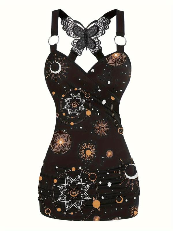  Moon Print Butterfly Design Ruched Wrap Ring Linked Tank Top, Plus Fashion Casual Criss Cross Back Sweetheart Neck Sleeveless Top for Summer, Women's Plus Clothes for Holiday Vacation