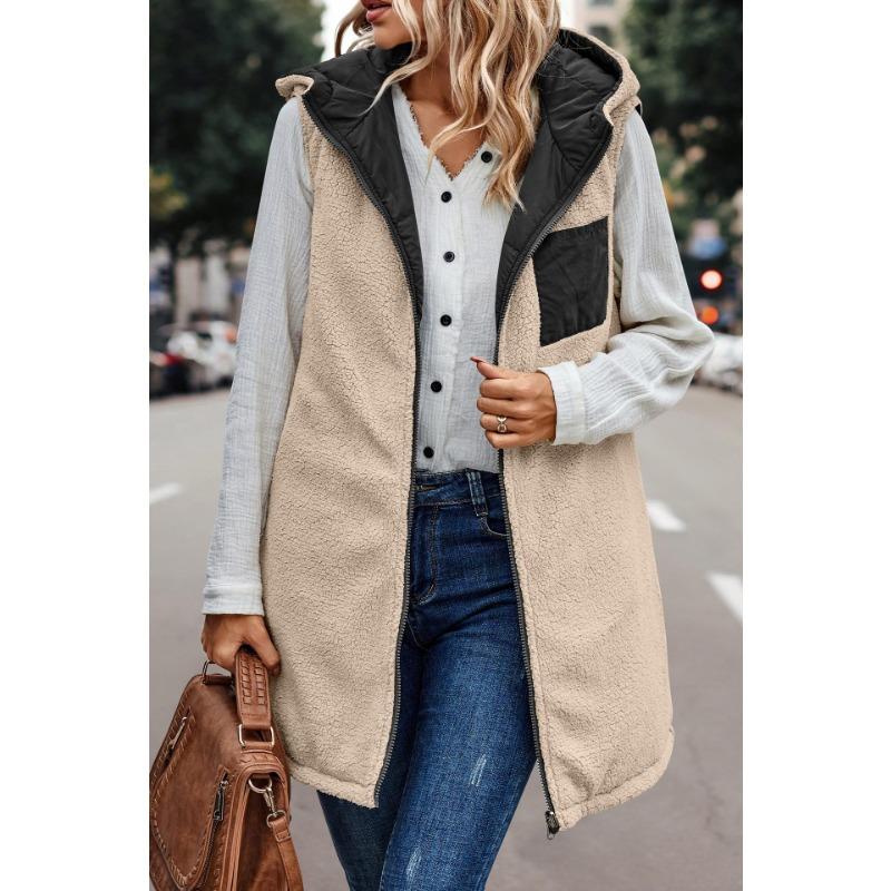 Women's 2024 Fall Reversible Vest Sleeveless Wool Jacket Zipper Hoodie Pocket Long Warm Winter Coat long  puffy vest  for women