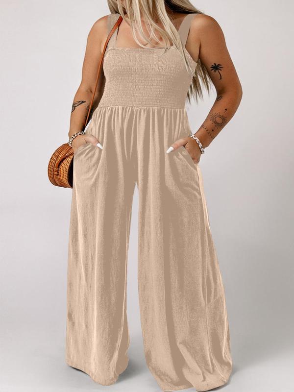 Plus Size Plain Shirred Pocket Wide Leg Jumpsuit, Casual Square Neck Sleeveless Jumpsuit, Women's Summer Clothes for Daily Wear