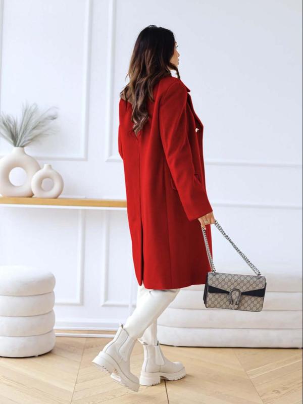 Women's Solid Double Button Pocket Overcoat, Casual Long Sleeve Lapel Neckline Coat for Fall & Winter, Lady Comfort Clothing for Daily Womenwear