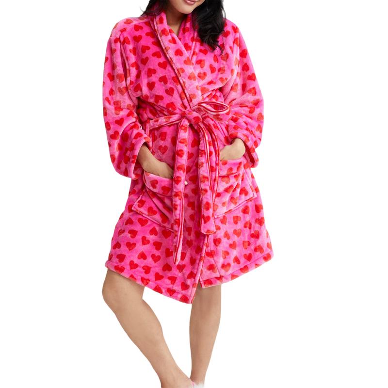 Women Winter Plush Robe Long Sleeve Lapel Tie-up Stripe Heart Candy Triangle Prints Sleepwear Loungewear