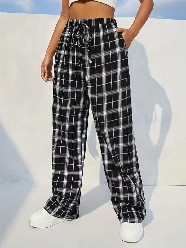 Women's Plaid Tie Front Elastic Waist Straight Leg Pants, Comfort Womenswear Bottom, Casual Preppy Trousers for Lady Teen Girls Daily Wear Outdoor