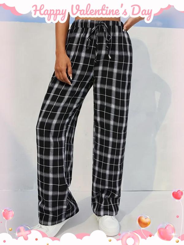 Women's Plaid Tie Front Elastic Waist Straight Leg Pants, Comfort Womenswear Bottom, Casual Preppy Trousers for Lady Teen Girls Daily Wear Outdoor