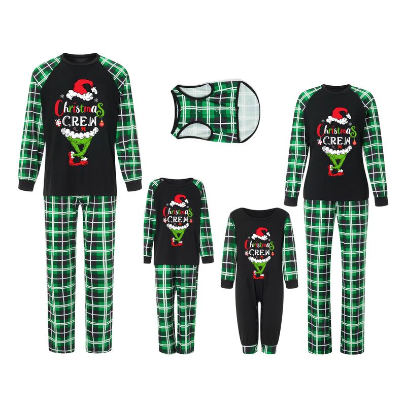 Green Family Matching Christmas Pajamas, Letter Print Long Sleeve Tops and Plaid Pants Sleepwear Set