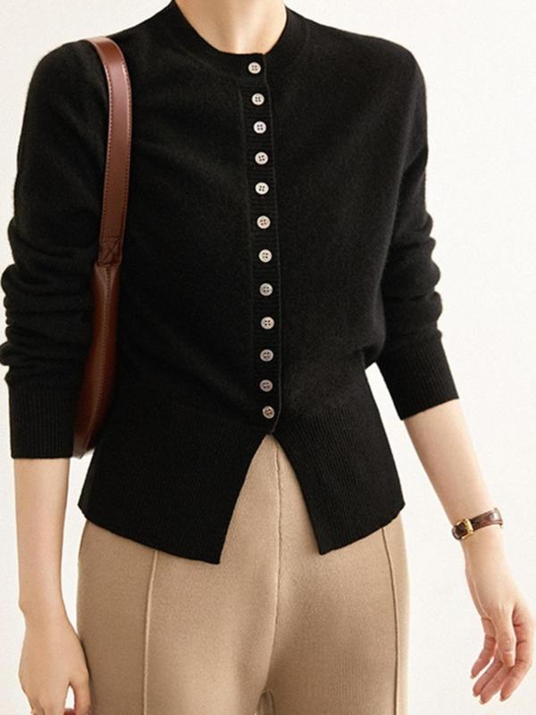 Women's Plain Button Front Cardigan, Casual Long Sleeve Round Neck Knitwear for Daily Wear, Ladies Clothes for Fall & Winter