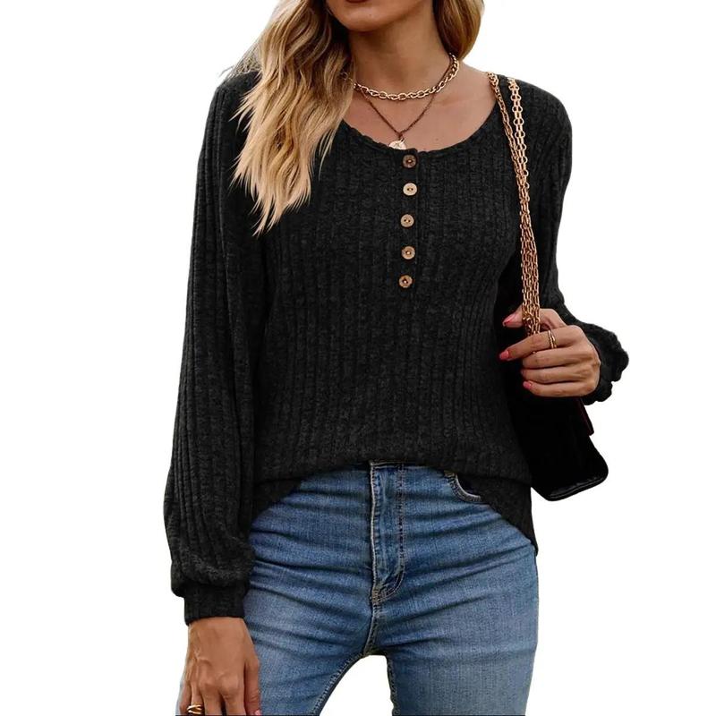 Women Fall Winter Casual Round Neck Long Sleeve Button Brushed Pullover