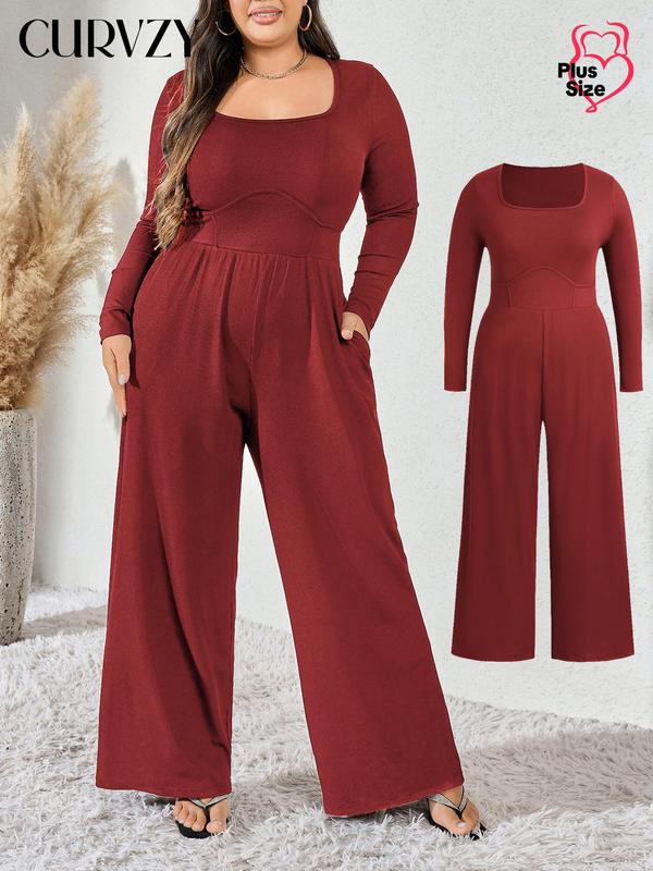 CURVZY Christmas Deals, Plus Size Solid Pocket Wide Leg Jumpsuit, Casual Long Sleeve Scoop Neck Jumpsuit for Daily Wear, Women's Clothing for All Seasons, Christmas 2024 Trend, Fall & Winter Clothes