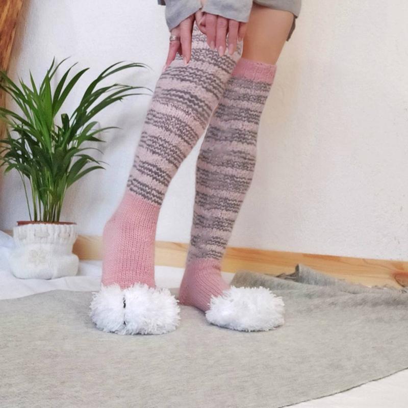 Women Winter Knee High Socks, Striped Patchwork Fleece Warm Boot Socks, Leg Warmer High Socks for Girls, Black Pink White