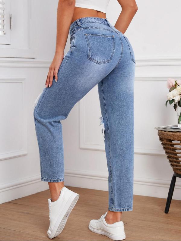 Women's Basic Plain Button Pocket Ripped Vintage Jeans, Summer Clothes, Jeans for Women, Fashion Streetwear, Minimalist Comfort High Waist Distressed Denim Pants, for Daily Wear, Womenswear Trouser