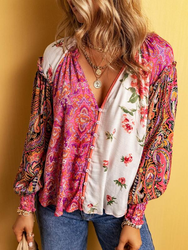 Women's Floral Print Frill Trim Shirred Notched Blouse, Boho Bishop Sleeve Button Front Top for Spring & Fall, Women's Long Sleeve Clothing for Daily Wear