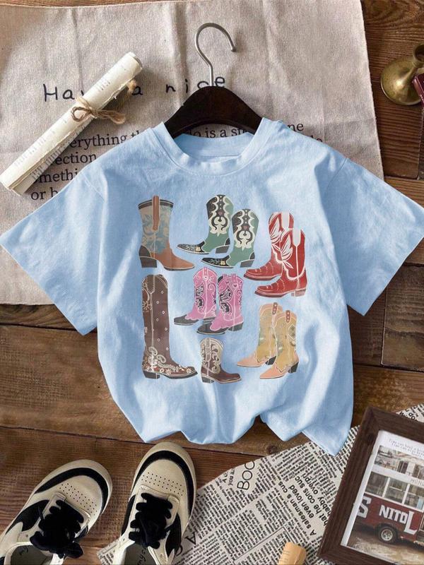 Women's Boots Print Round Neck Tee, Fashion Casual Short Sleeve T-shirt, Ladies Summer Clothes for Daily Wear