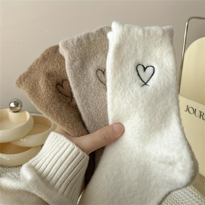 6 Pairs of Ultra Comfy Heart Embroidery Fuzzy Socks, Warm Women's Stockings & Hosiery for Cold Weather