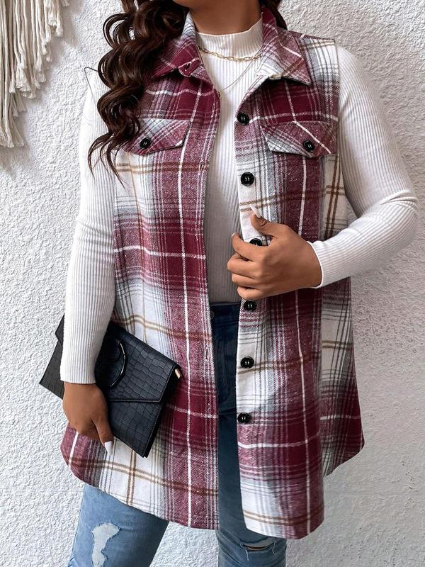  Plaid Print Button Front Pocket Vest Coat, Casual Sleeveless Collared Outerwear for Daily Wear, Winter Clothes Women, Women's Clothing for All Seasons