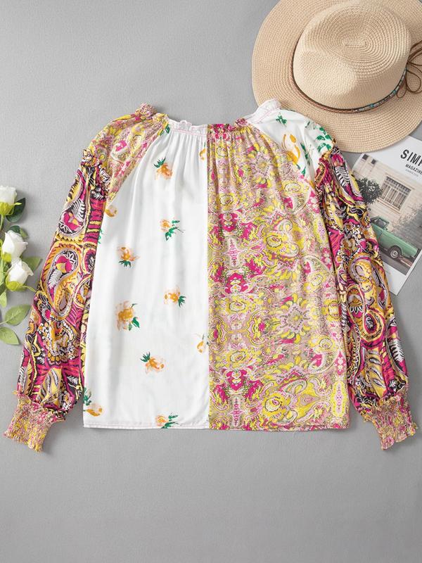 Women's Floral Print Frill Trim Shirred Notched Blouse, Boho Bishop Sleeve Button Front Top for Spring & Fall, Women's Long Sleeve Clothing for Daily Wear