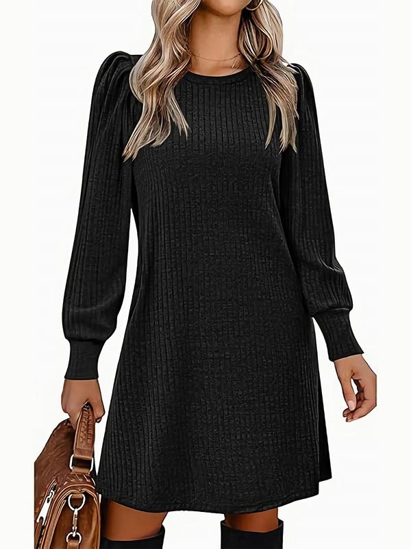 Women's Plain Pocket Round Neck A Line Dress, Casual Long Sleeve Crew Neck Short Dress for Fall & Winter, Women's Clothing for Daily Wear