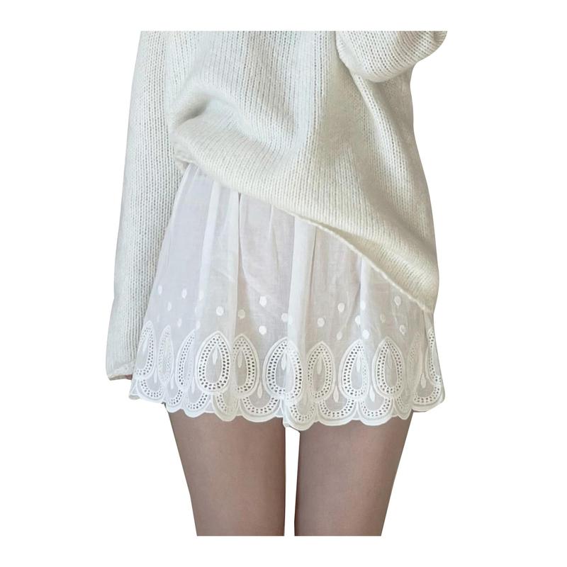 Women Basic Lace Skirt, Lace Stitching Cutout Elastic Waist Short Skirt for Ladies, S M L XL, Black White